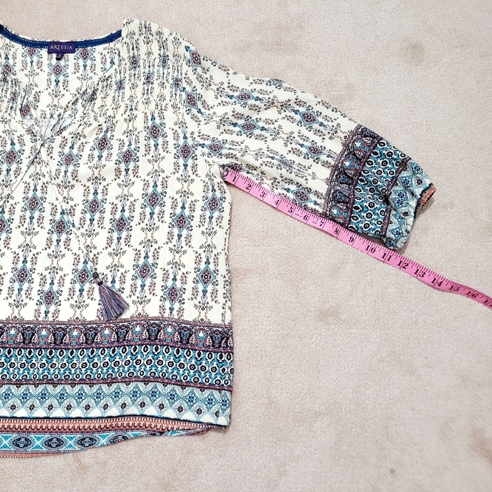 Artesia Floral Boho Blouse Tunic V-neck 3/4 Sleeve With Tassels Woman's Size XL - Picture 8 of 13